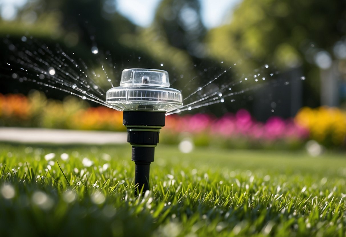 A garden sprinkler system with adjustable spray heads waters a lush green lawn and vibrant flower beds