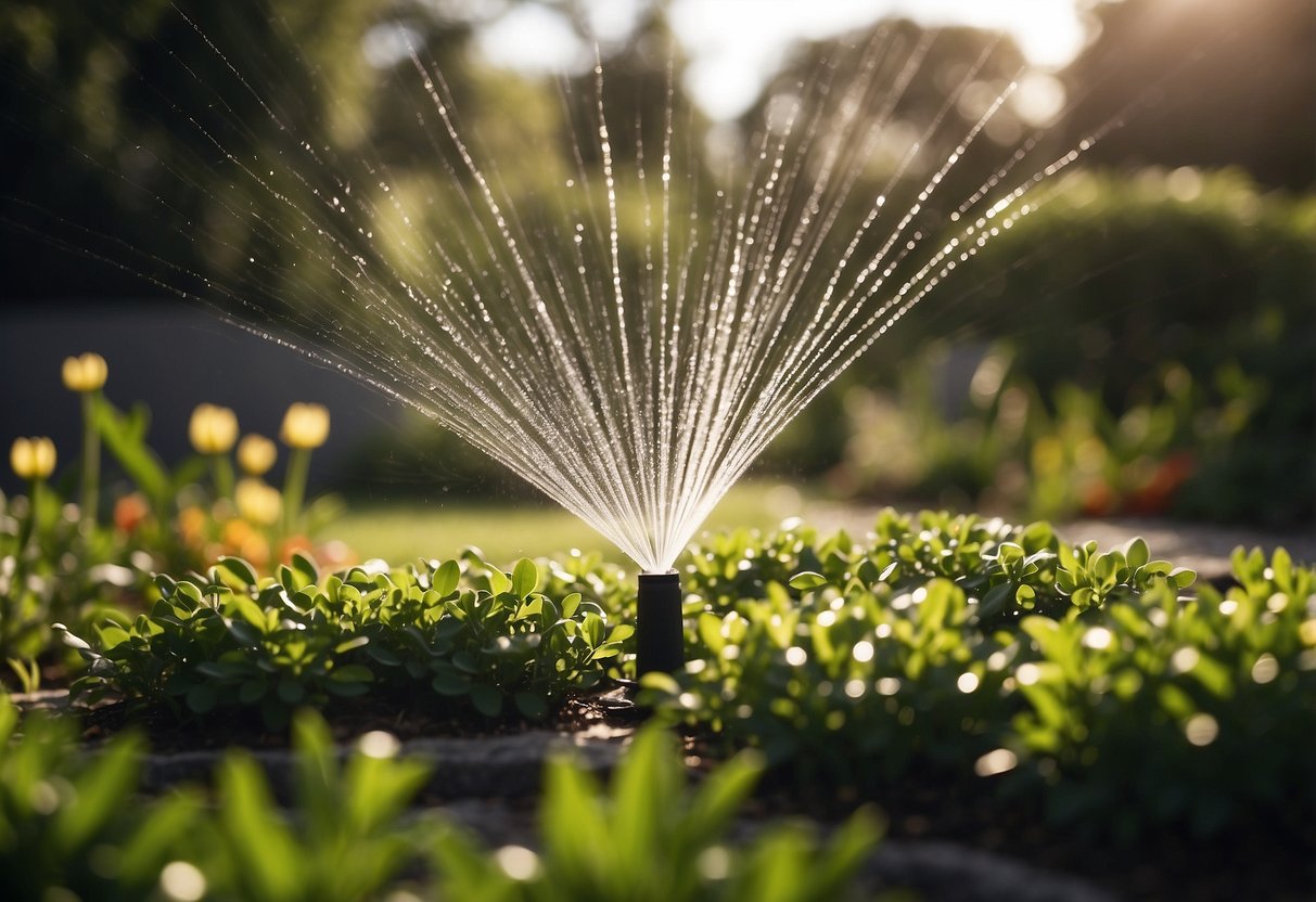 An oscillating sprinkler waters a lush garden with a rhythmic back and forth motion