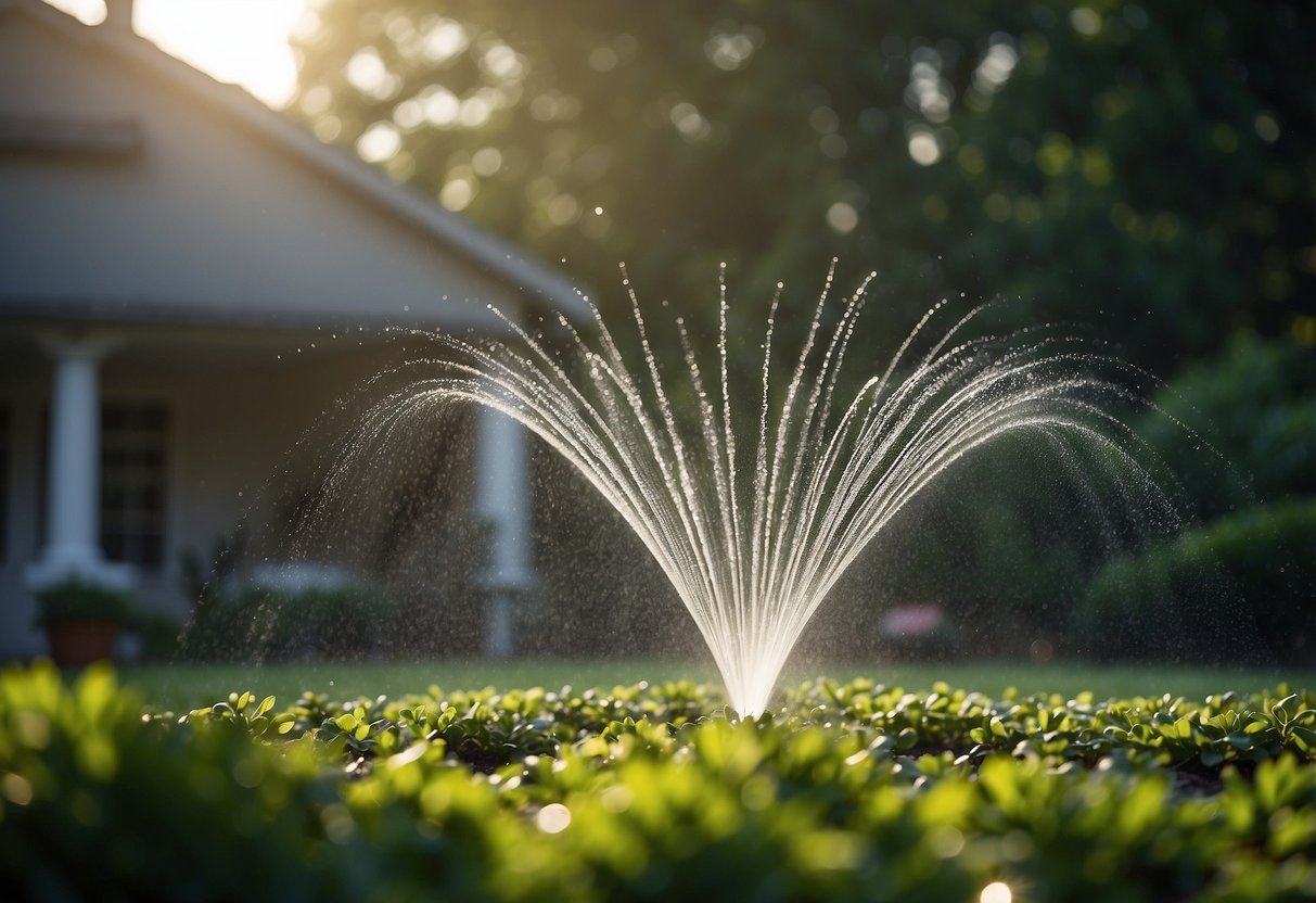 A garden filled with high-pressure sprinklers spraying water in all directions, creating a mesmerizing and refreshing display of water droplets and mist