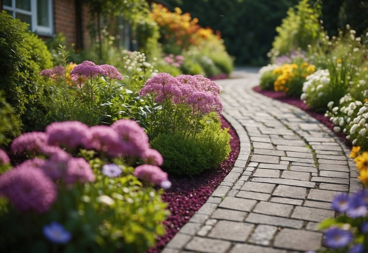 A garden with permeable block paving leading to a tarmac area, surrounded by lush greenery and colorful flowers