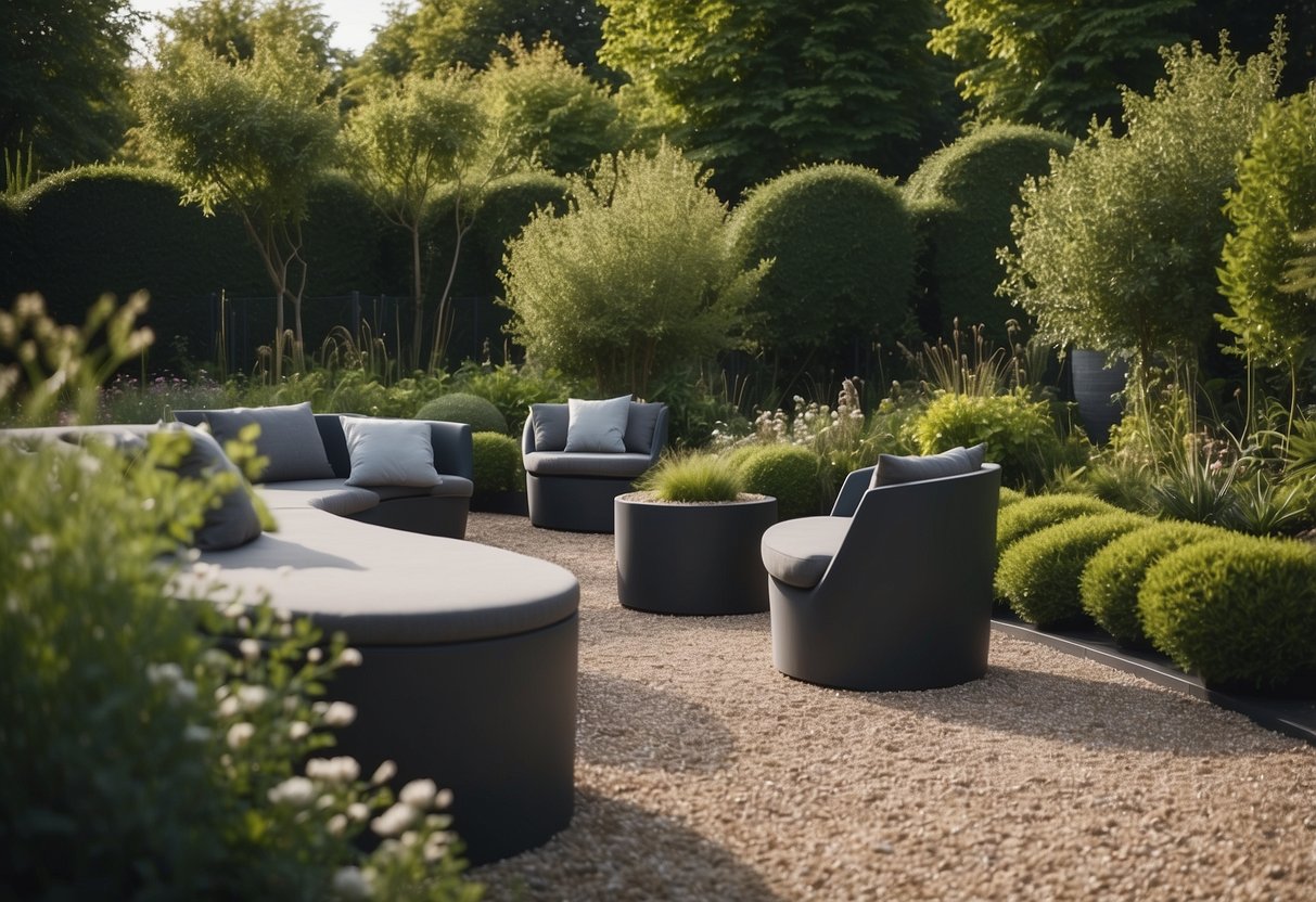 A modern garden with resin bound gravel tarmac, surrounded by lush greenery and minimalist furniture