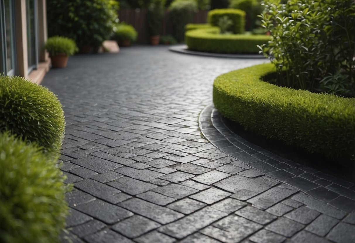 A backyard with a pattern imprinted concrete tarmac, surrounded by lush greenery and complemented by decorative garden features