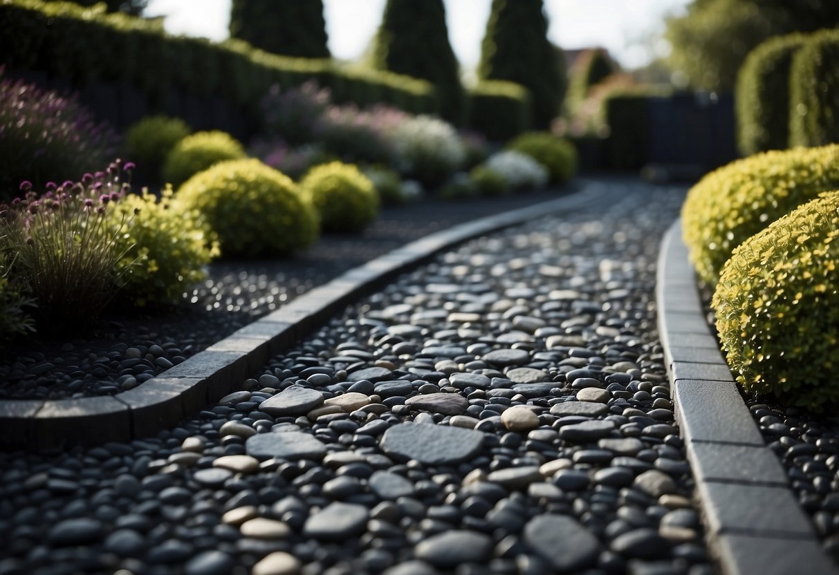 A garden path lined with slate chippings contrasts against the dark tarmac, creating a modern and sleek design