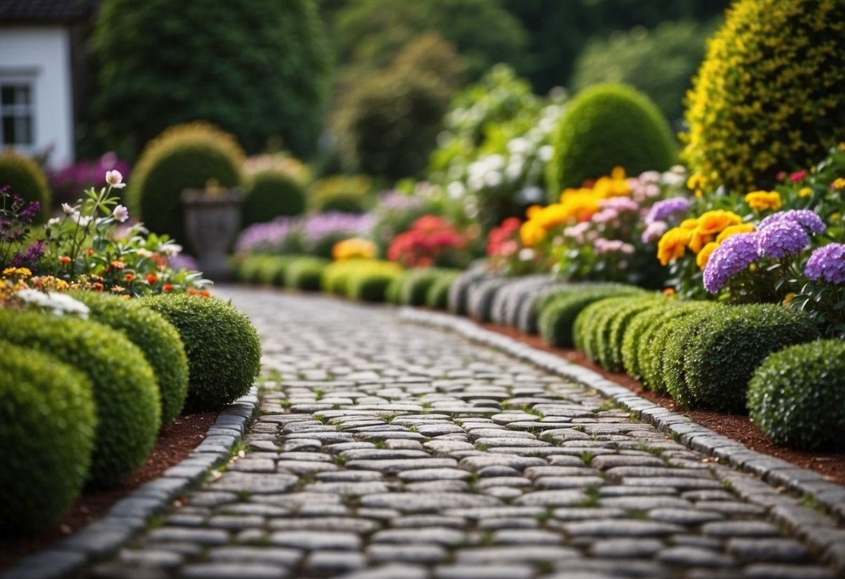 A cobblestone driveway winds through a lush tarmac garden, with vibrant flowers and neatly trimmed hedges lining the path