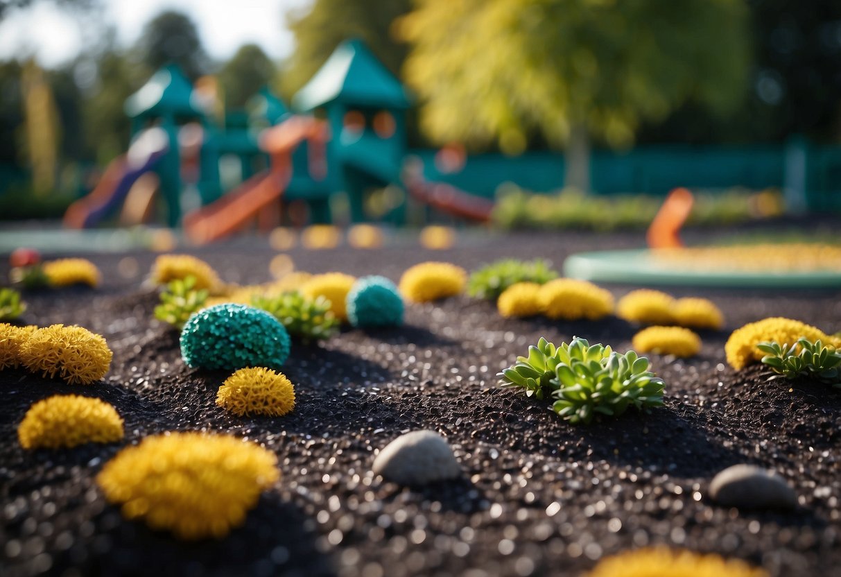 A tarmac garden with rubber play chippings scattered around, creating a safe and colorful play area for children