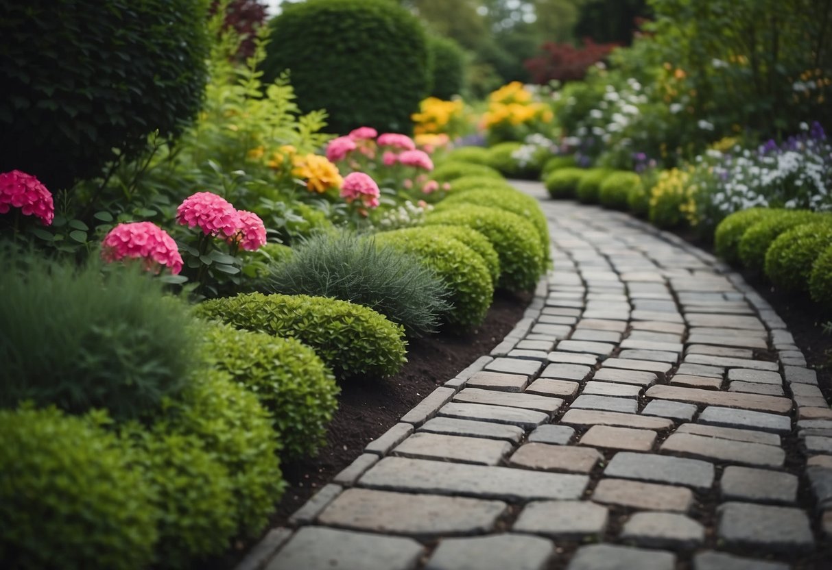 A stone paver path winds through a lush garden, bordered by vibrant flowers and greenery. The tarmac surface provides a clean and modern touch to the natural landscape