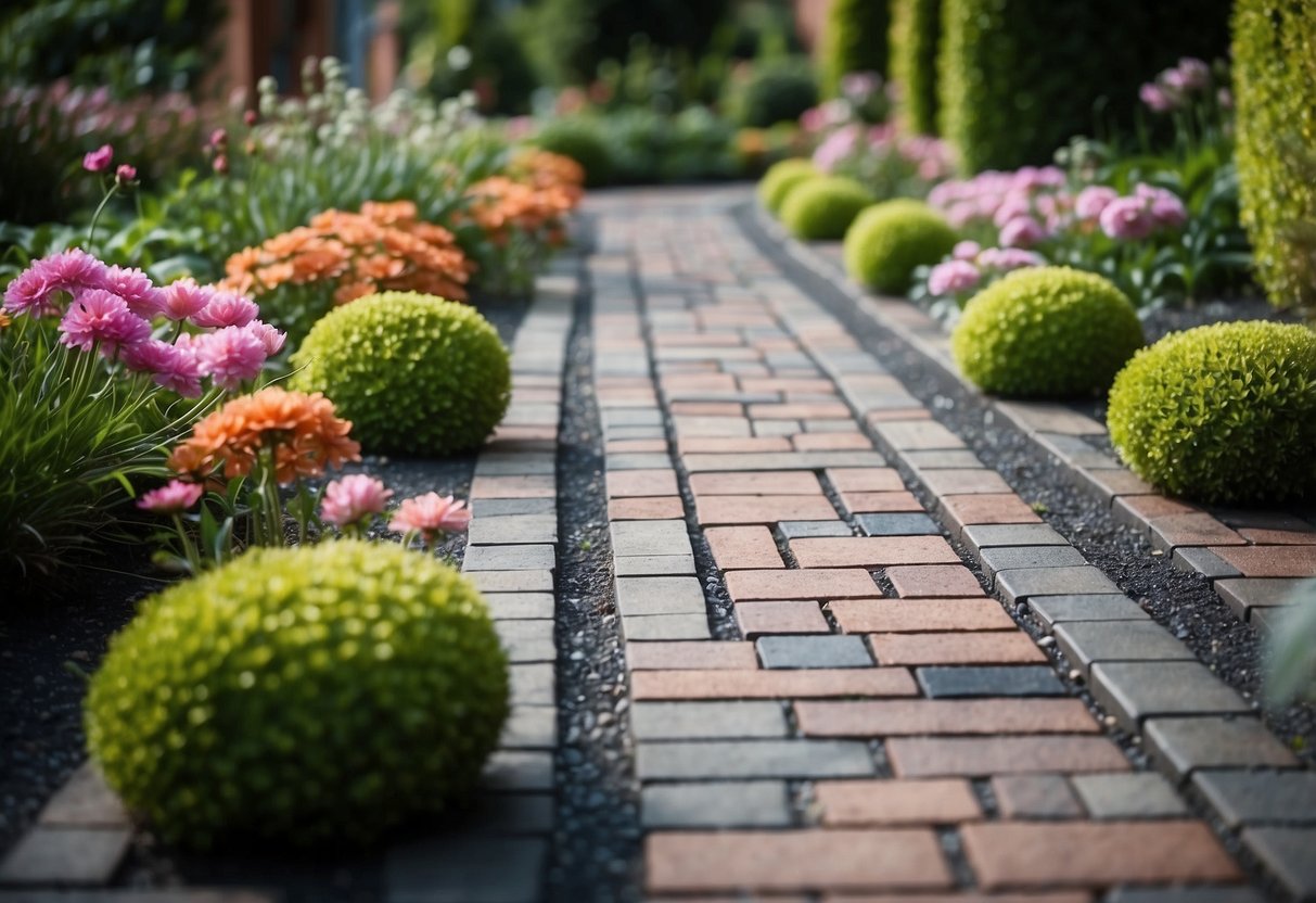 A garden with recycled rubber pavers creating a tarmac pathway, surrounded by lush greenery and blooming flowers