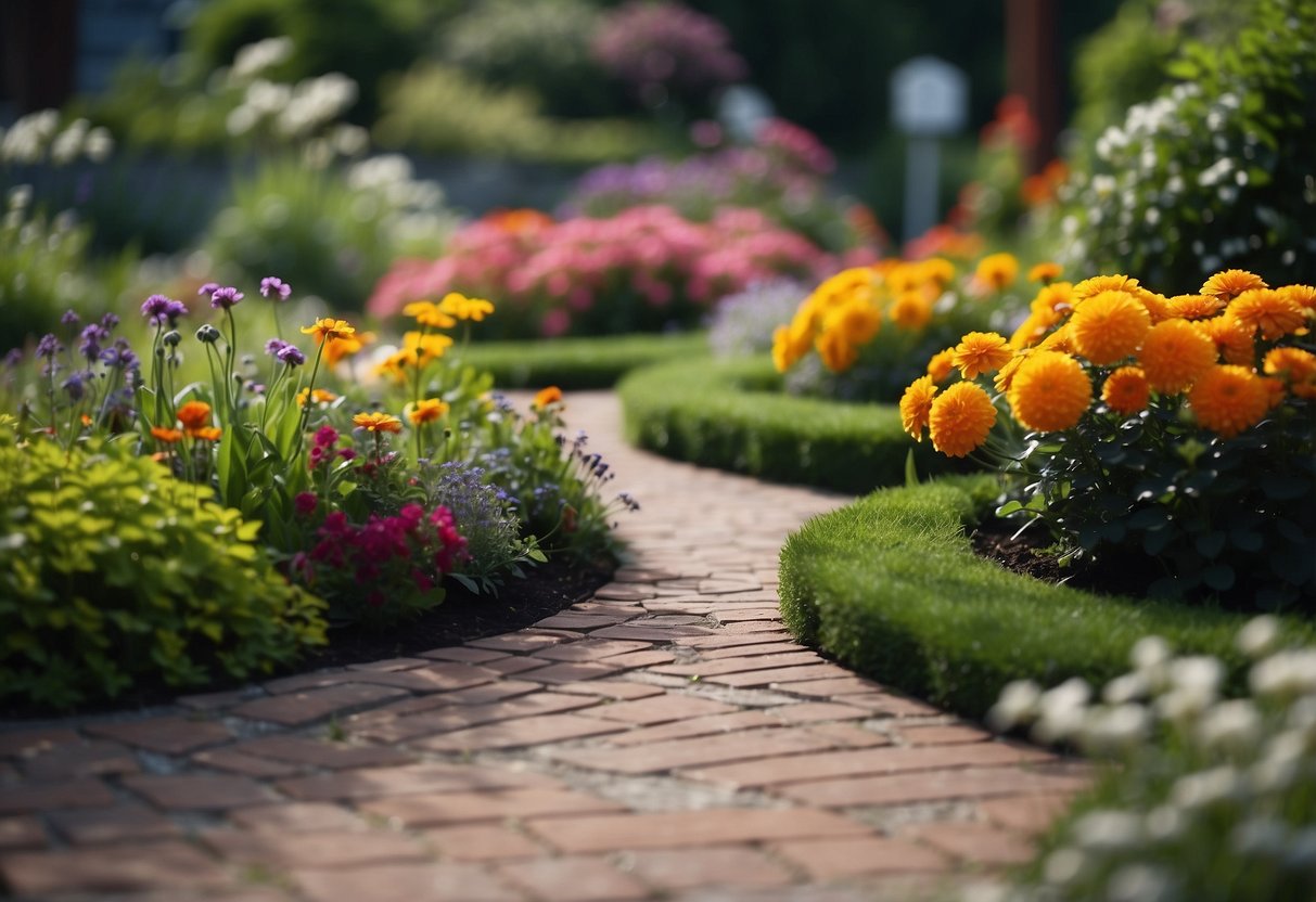 A tarmac garden with brick insets, surrounded by lush greenery and colorful flowers