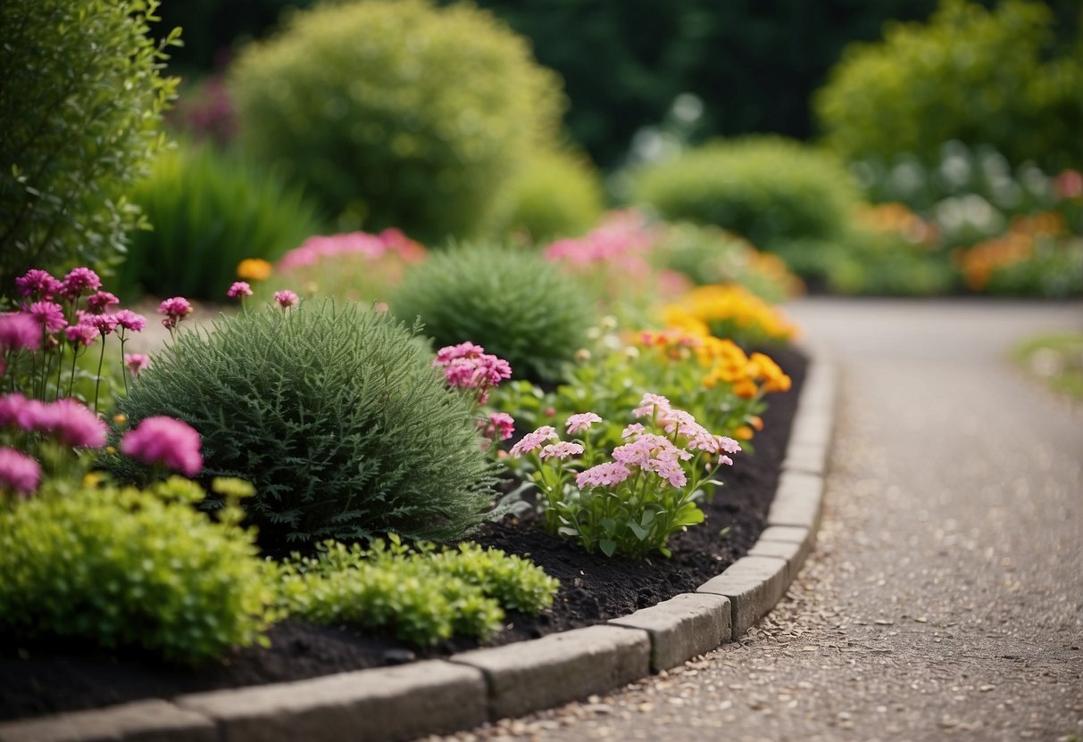 A garden with various tarmac surfaces: smooth, textured, and colored, surrounded by lush greenery and blooming flowers