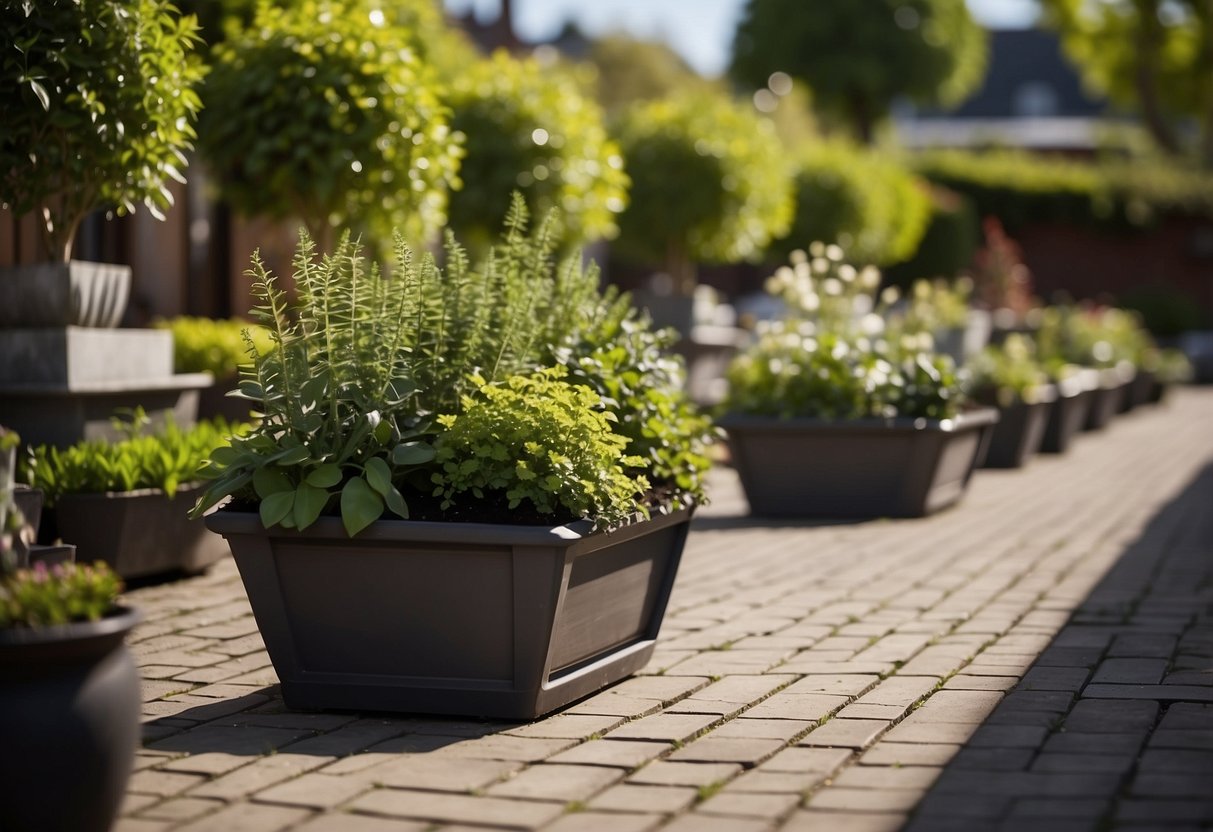 A tarmac garden with potted plants, a small seating area, and solar-powered lights. The garden is well-maintained with neatly trimmed plants and a clean, organized layout