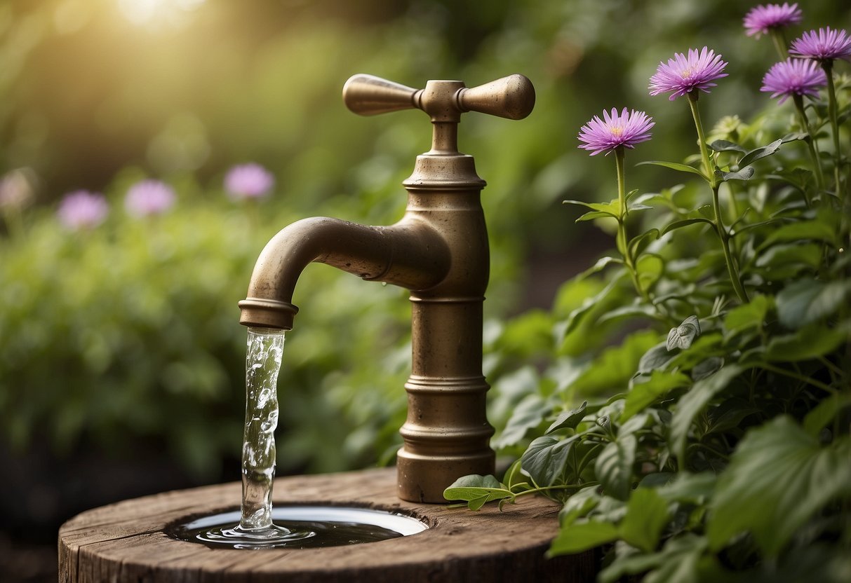 A weathered brass bib tap mounted on a rustic wooden post in a lush garden setting. Surrounding foliage includes vibrant flowers and verdant greenery