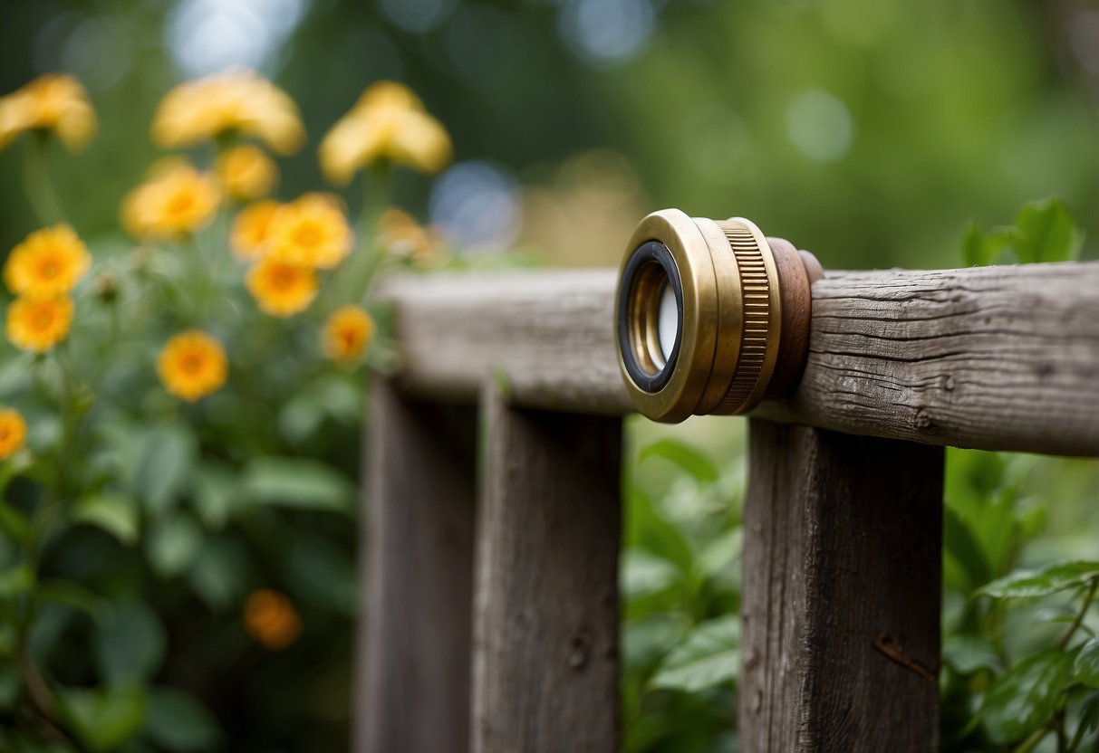 A brass hose holder tap mounted on a weathered wooden fence, surrounded by lush green plants and colorful flowers