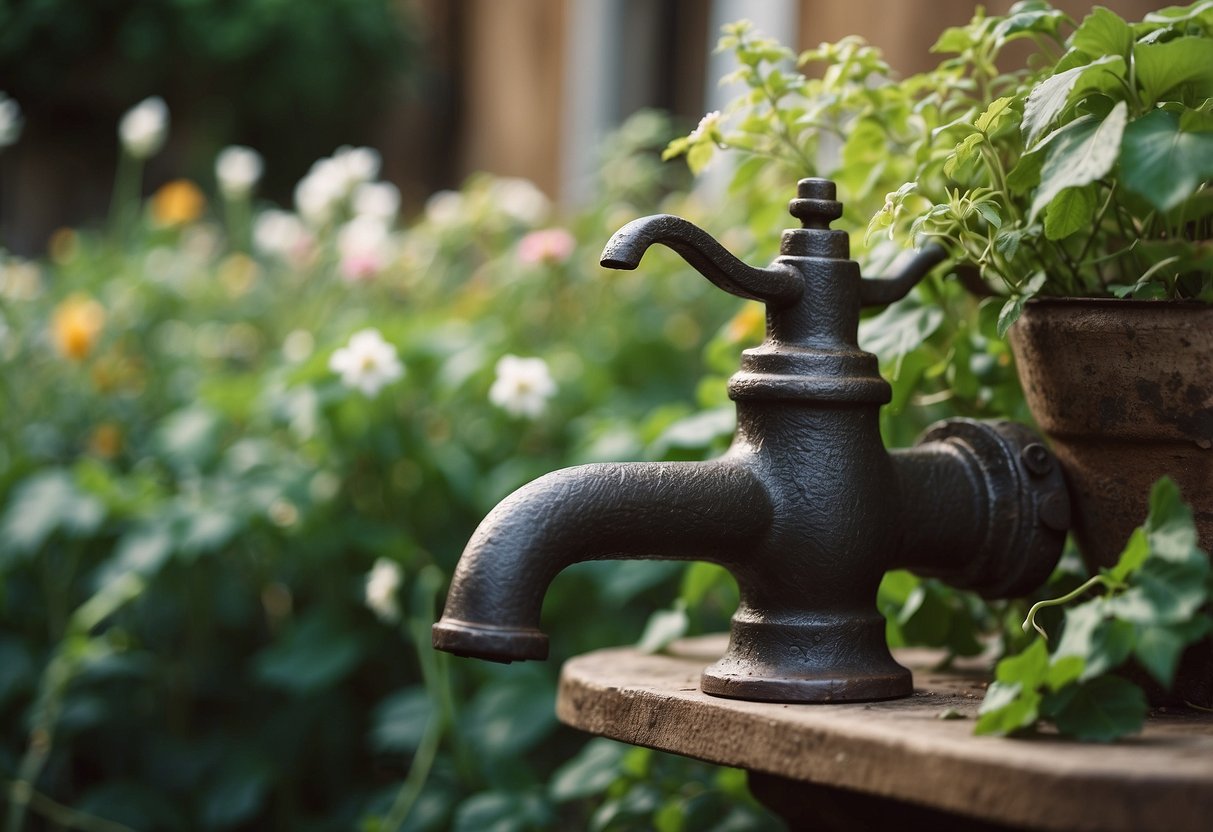 A rustic garden with overgrown vines and a weathered antique cast iron tap as the focal point. Surrounding plants and flowers add to the vintage charm