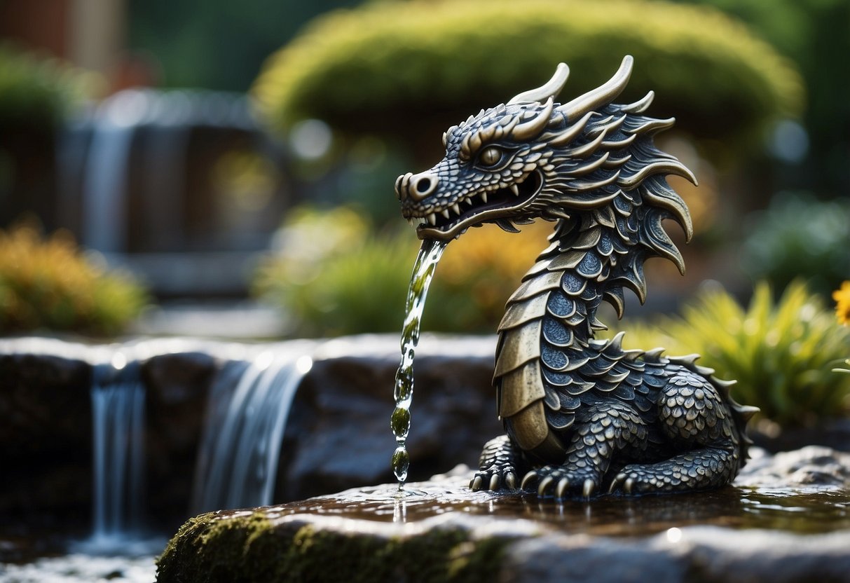 A dragon-shaped garden tap with intricate scales and flowing water