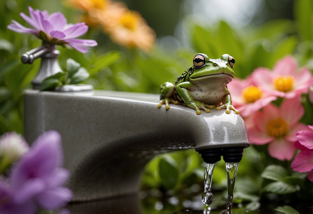 A frog sits on a garden faucet, surrounded by lush greenery and blooming flowers. The faucet resembles a whimsical pond, with the frog as its charming guardian