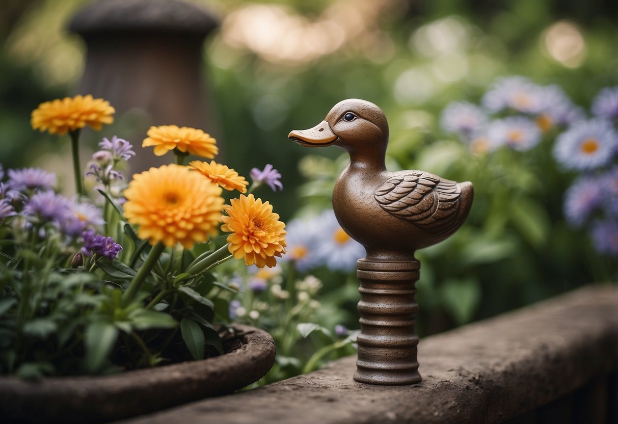 A ceramic duck tap handle sits atop a rustic garden tap, surrounded by blooming flowers and lush greenery