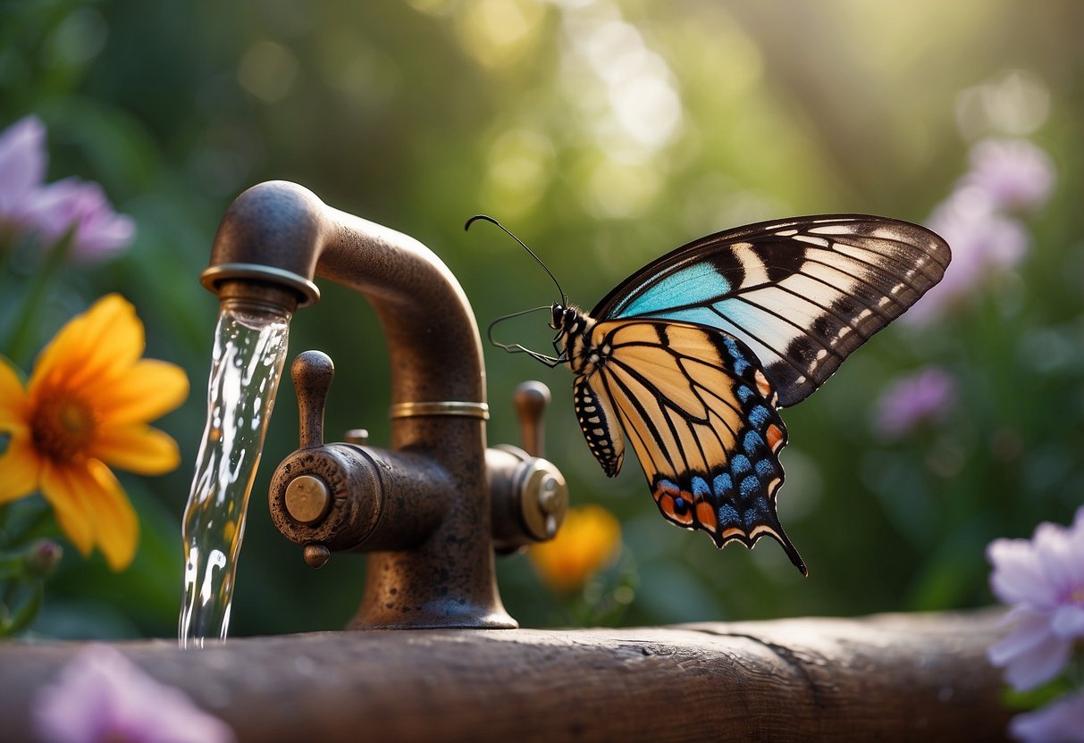 A vibrant butterfly garden surrounds a rustic faucet with colorful flowers and fluttering butterflies