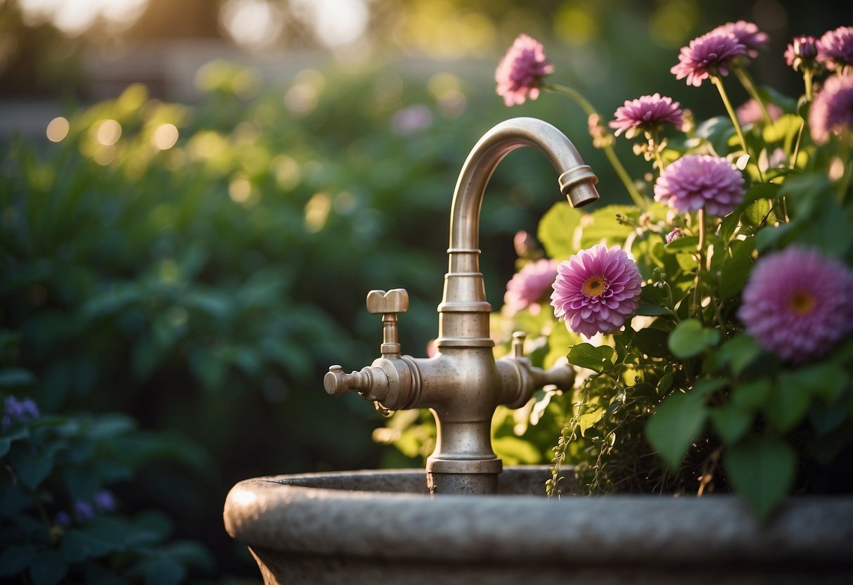 A flower-shaped outdoor tap with vines and blooming flowers surrounding it in a lush garden setting