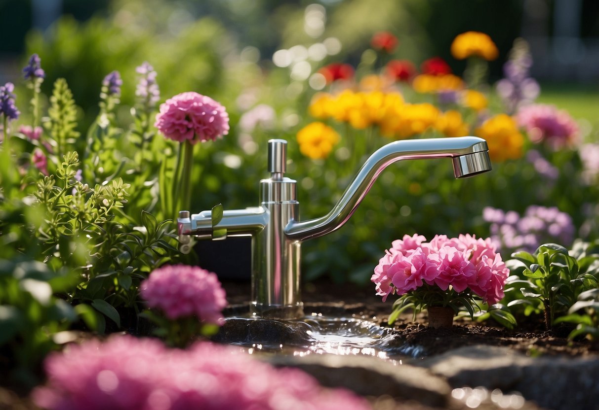 A lush garden with various types of garden taps, showcasing the benefits of each design. Water flows from the taps into blooming flower beds and vegetable patches, creating a vibrant and thriving garden oasis