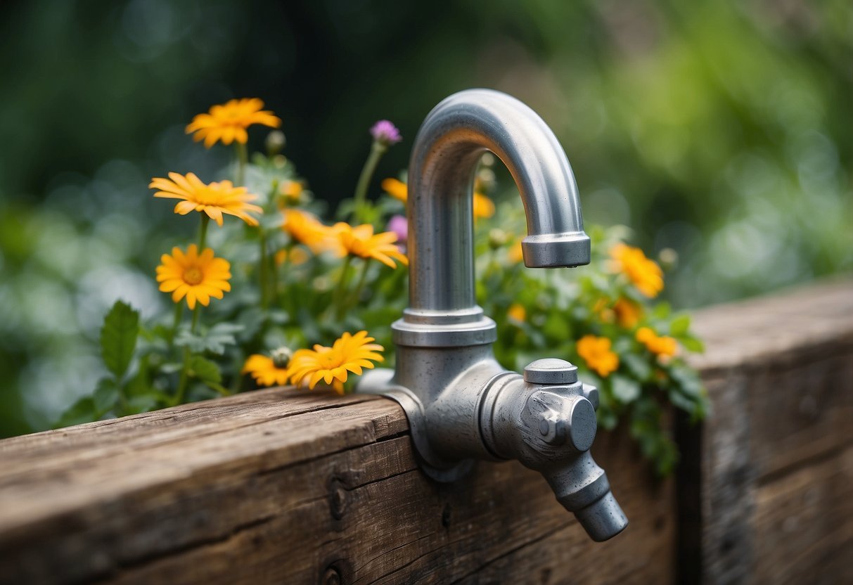 A sturdy metal garden tap mounted on a weathered wooden post, surrounded by lush green foliage and colorful flowers