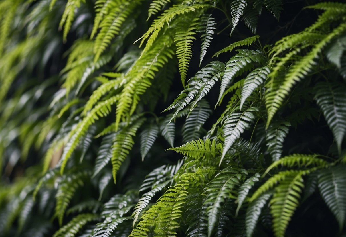 Lush ferns and ivy cascade down a vertical garden, concealing the wall with vibrant greenery