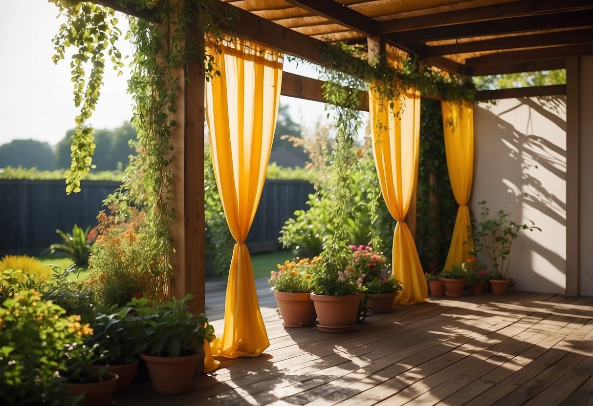 Vibrant outdoor curtains hang from a garden trellis, concealing a plain wall with a burst of color and texture