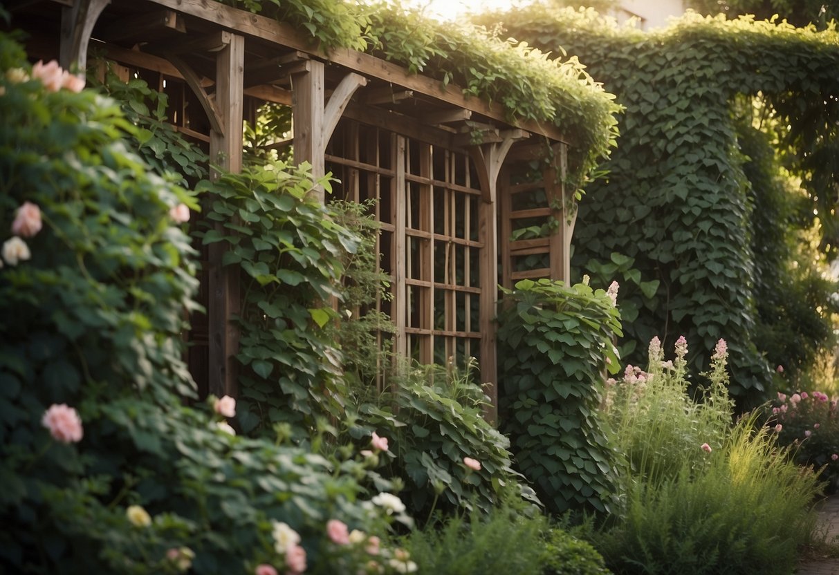 A wooden trellis stands against a wall, covered with lush vines and flowers, creating a natural and beautiful garden hideaway