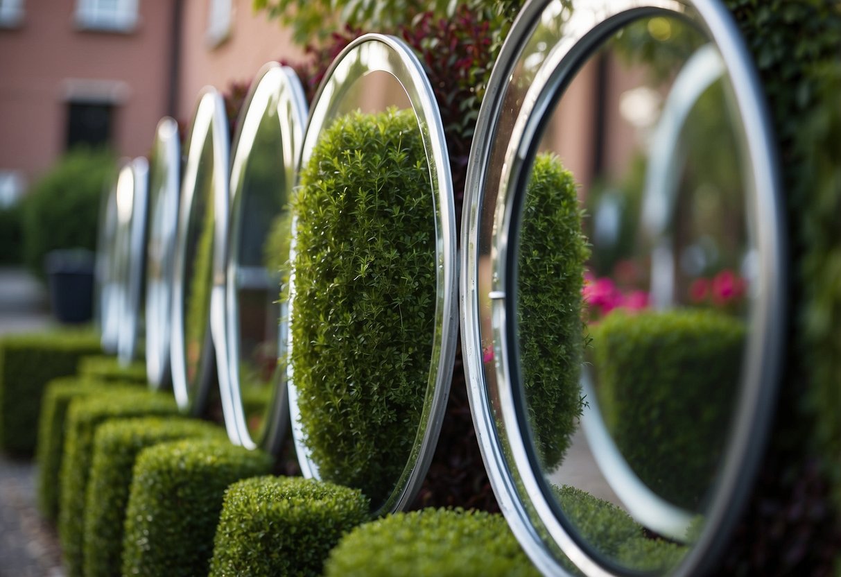 A row of outdoor mirrors reflects a lush garden, creating an illusion to hide a wall