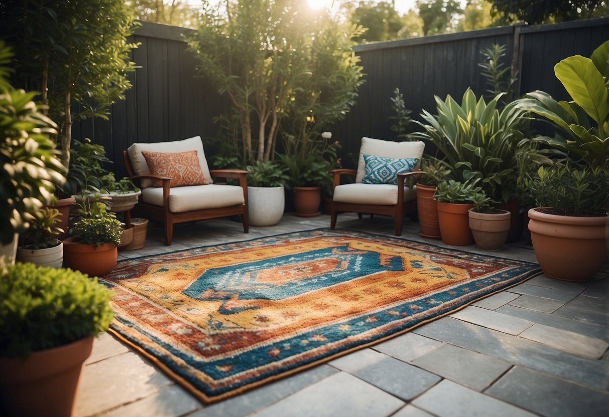 Colorful outdoor rugs cover concrete patio, surrounded by potted plants and garden decor