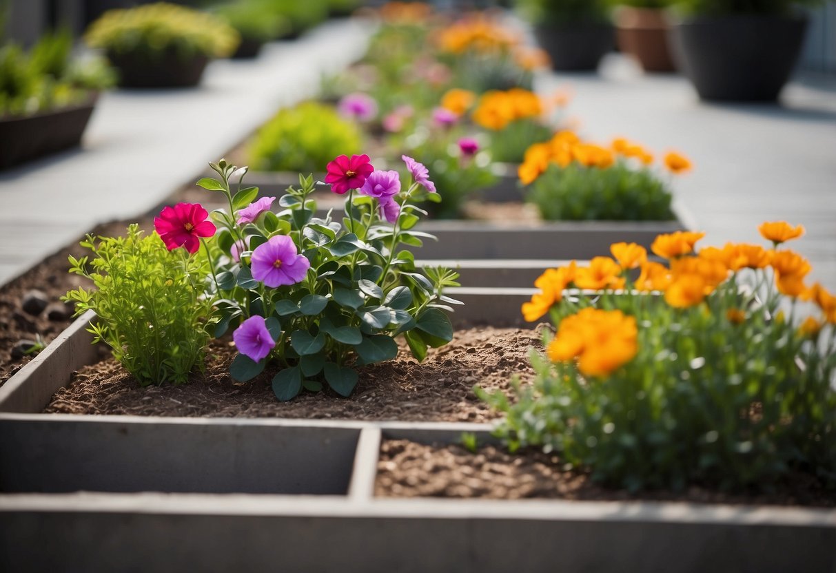 Raised garden beds on concrete, filled with vibrant flowers and greenery, surrounded by decorative rocks and mulch