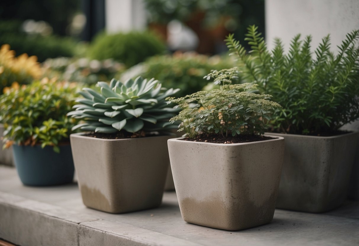 Potted plants placed strategically to cover concrete in a garden setting