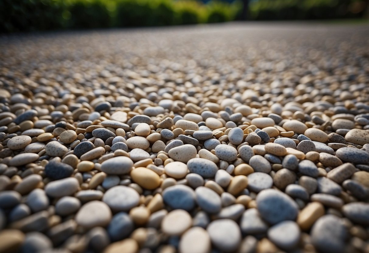 Decorative gravel covers concrete, creating a modern garden