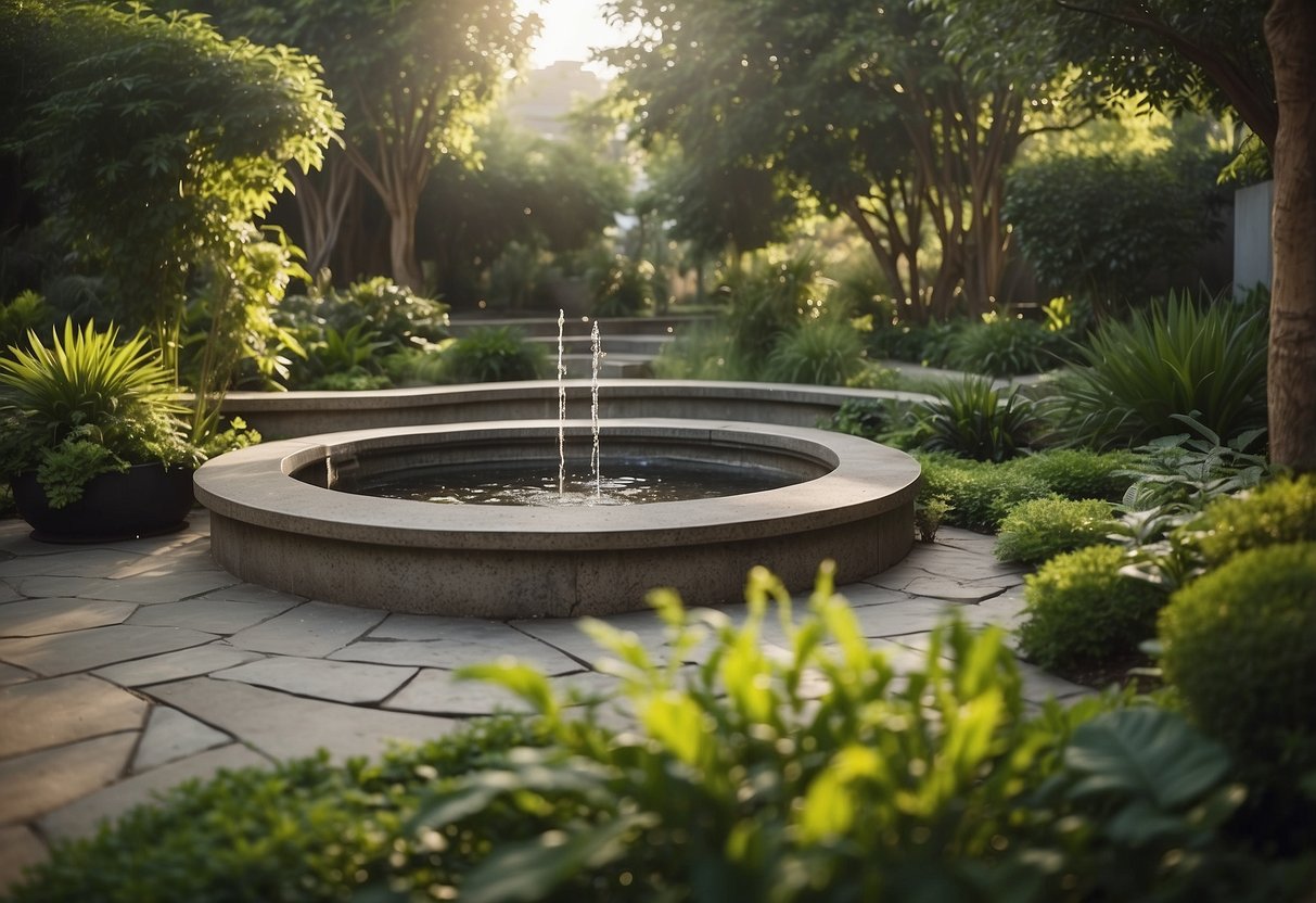 A tranquil garden with a flowing water feature set amidst lush greenery, softening the harsh edges of a concrete patio