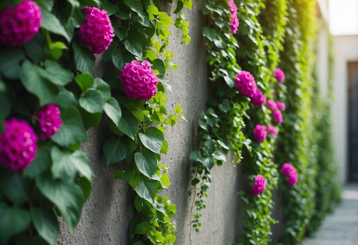 Lush green vines and colorful flowers cascade over the rough concrete surface, adding a burst of life and vibrancy to the once dull space