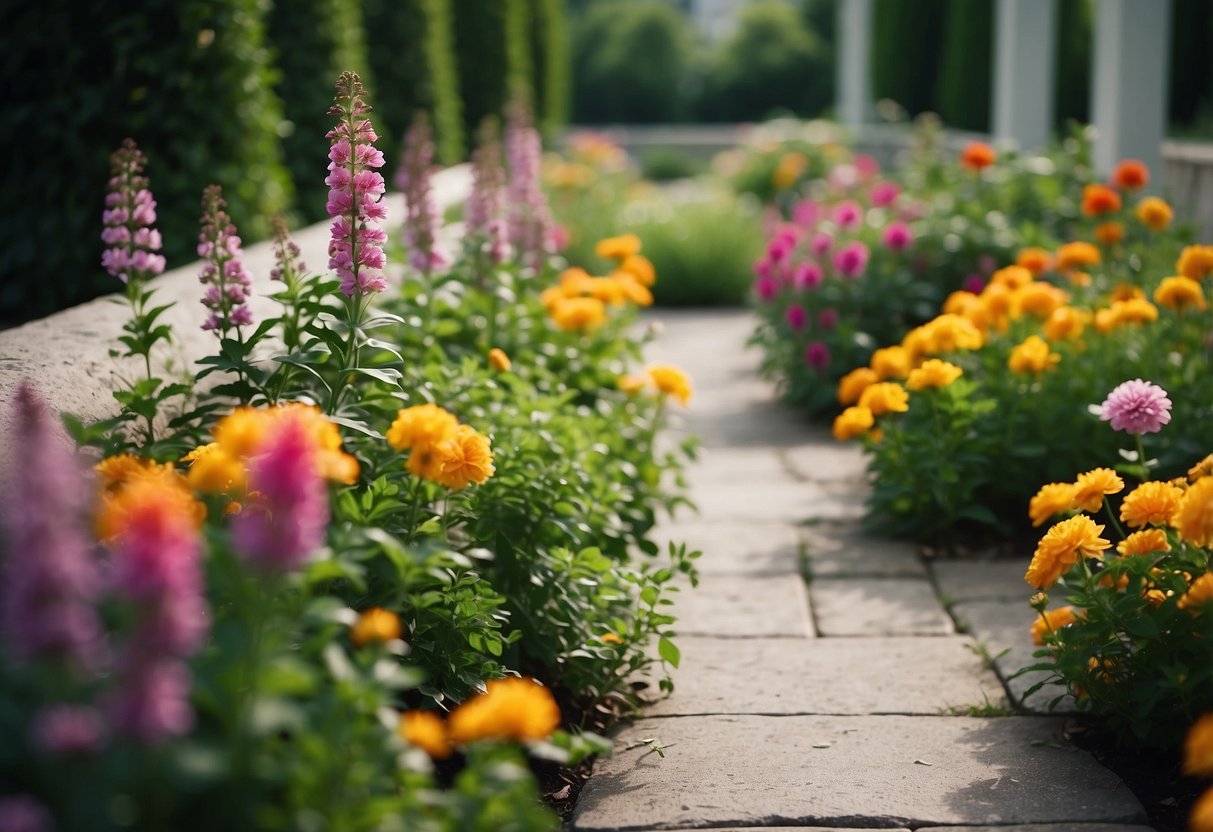 A lush garden with vibrant flowers and greenery blankets a concrete surface, creating a picturesque and inviting outdoor space