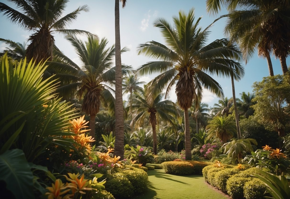 Tall palm trees sway in a small tropical garden, surrounded by lush greenery and colorful flowers