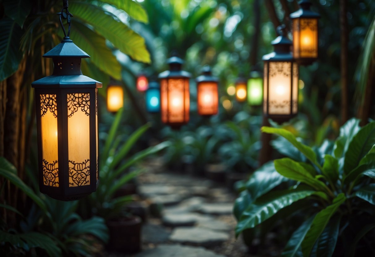 Colorful lanterns hang from lush trees in a tropical garden, casting a warm glow over the vibrant foliage and creating a magical atmosphere