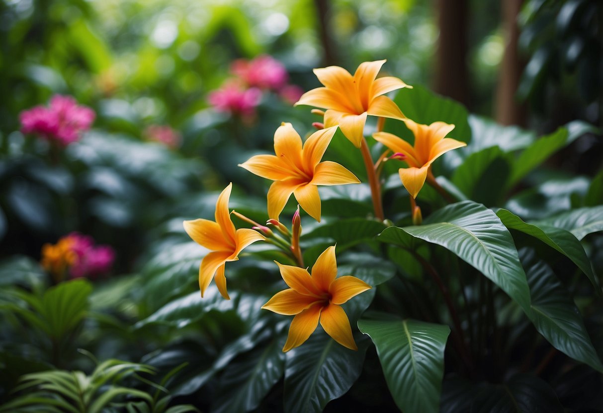 Vibrant tropical flowers bloom in a small garden, surrounded by lush green foliage and cascading vines