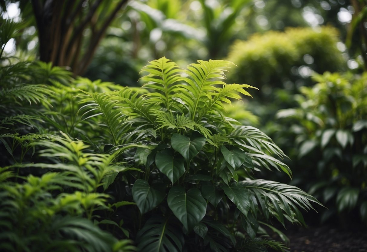 Lush green leafy shrubs fill a small tropical garden, creating a tranquil and vibrant space