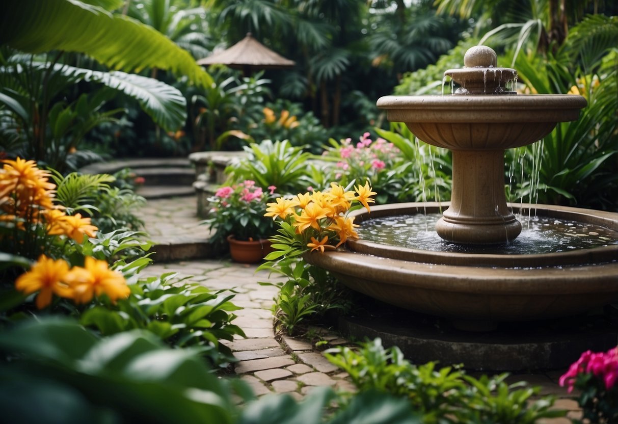 Lush green plants surround a bubbling fountain in a small tropical garden, with colorful flowers peeking out from the foliage. A winding stone path leads through the vibrant landscape