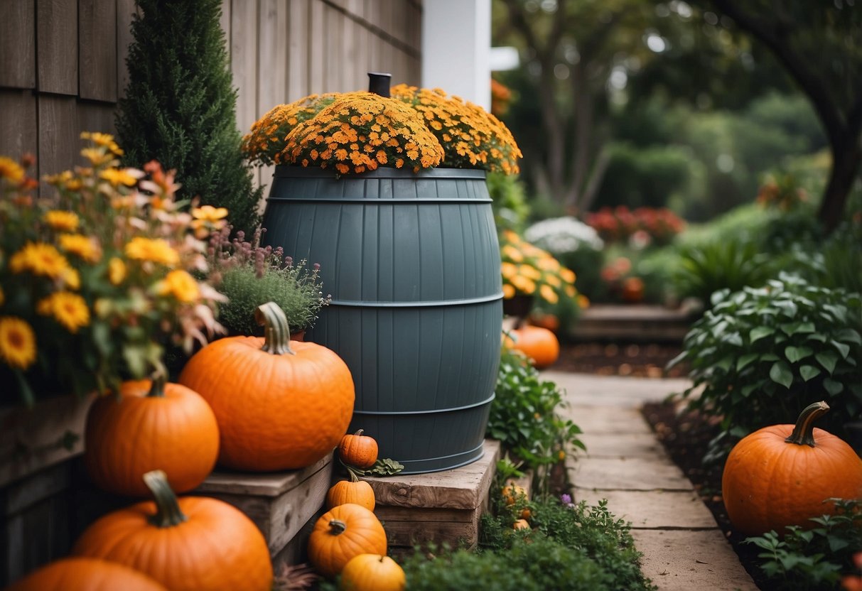 A rain barrel sits next to a garden filled with fall plants in Texas. The barrel collects rainwater, surrounded by colorful foliage and pumpkins