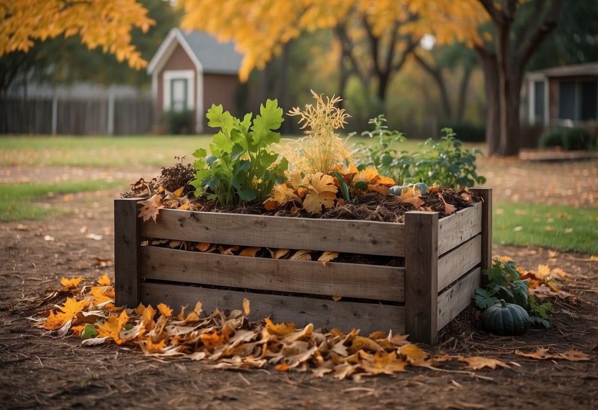 A compost area in a fall garden in Texas, with piles of leaves, twigs, and vegetable scraps surrounded by a wooden enclosure