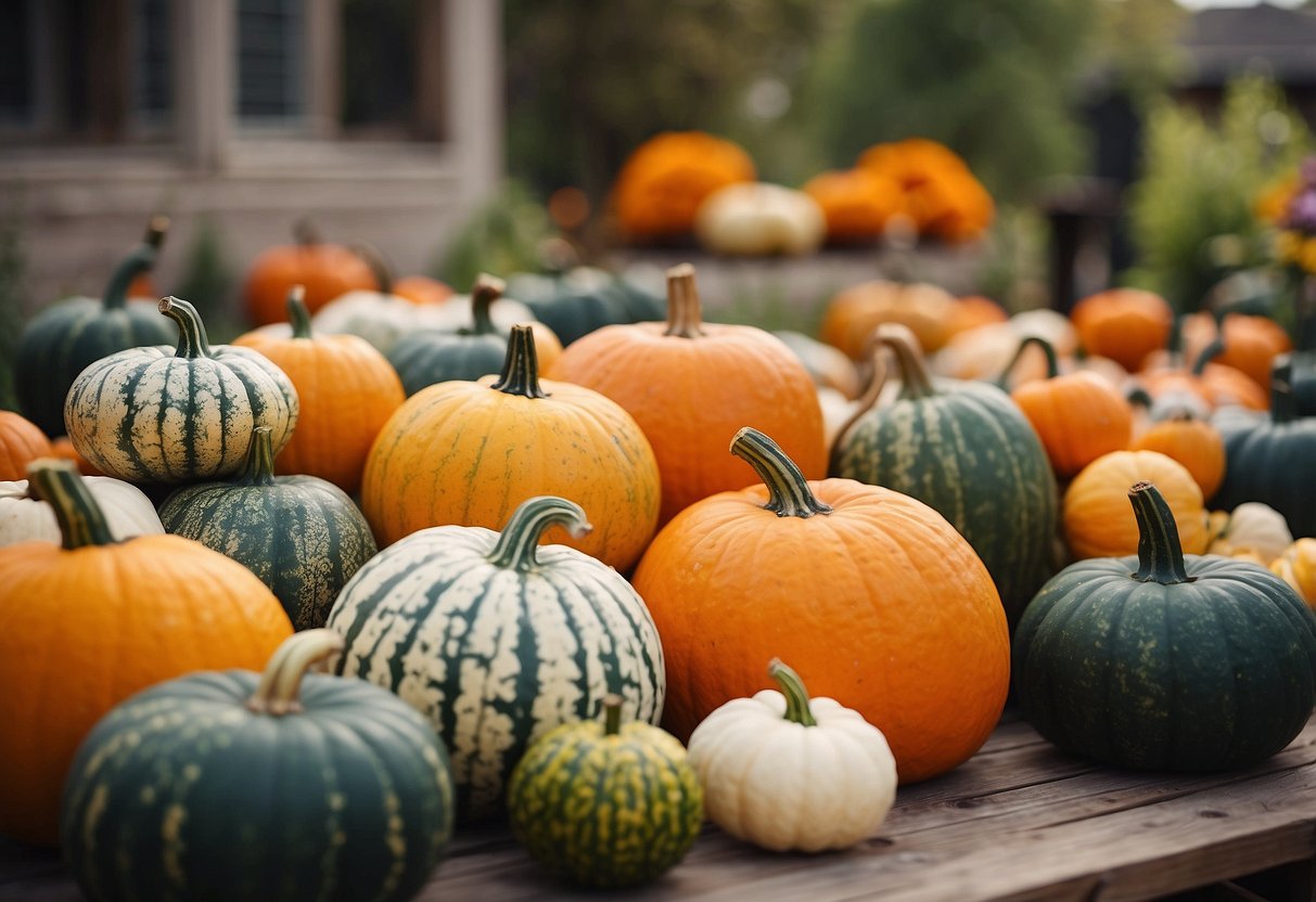 Vibrant gourds and pumpkins adorn a rustic garden in Texas, adding a touch of autumn charm to the outdoor space