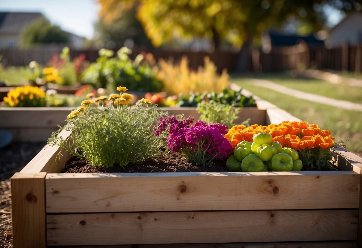 A sunny backyard with three raised garden beds filled with colorful fall vegetables and flowers, surrounded by a wooden fence and a backdrop of Texas landscape