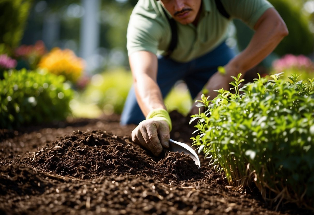 A gardener adds mulch to the garden beds, creating a neat and tidy appearance. The rich brown mulch contrasts with the vibrant green plants, enhancing the overall aesthetic of the fall garden