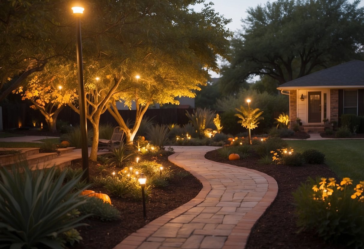 Garden path lighting illuminates a fall garden in Texas, casting a warm glow on the colorful foliage and creating a cozy atmosphere