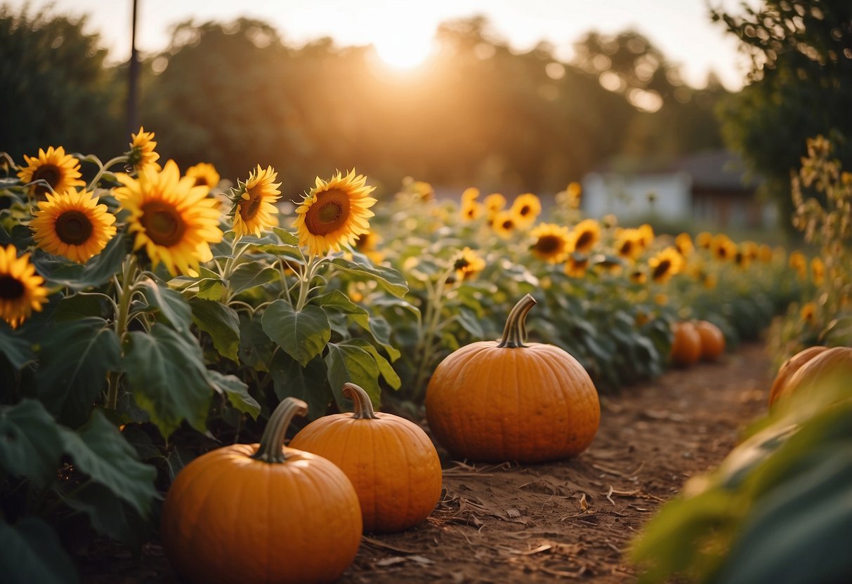 A colorful Texas fall garden with pumpkins, sunflowers, and vibrant foliage. A cool breeze rustles the leaves as the sun sets behind the horizon