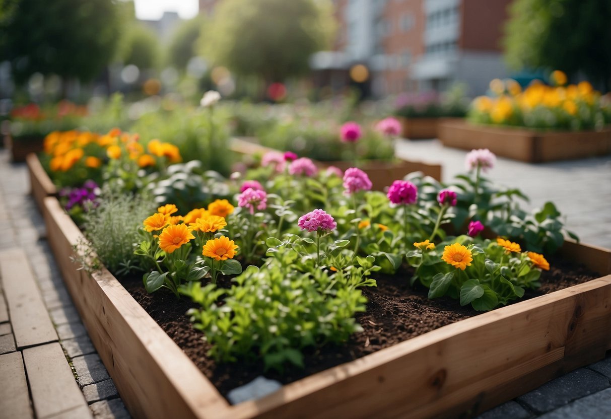 A compact urban garden with raised beds, filled with vibrant flowers and vegetables, nestled in a small courtyard with surrounding city buildings