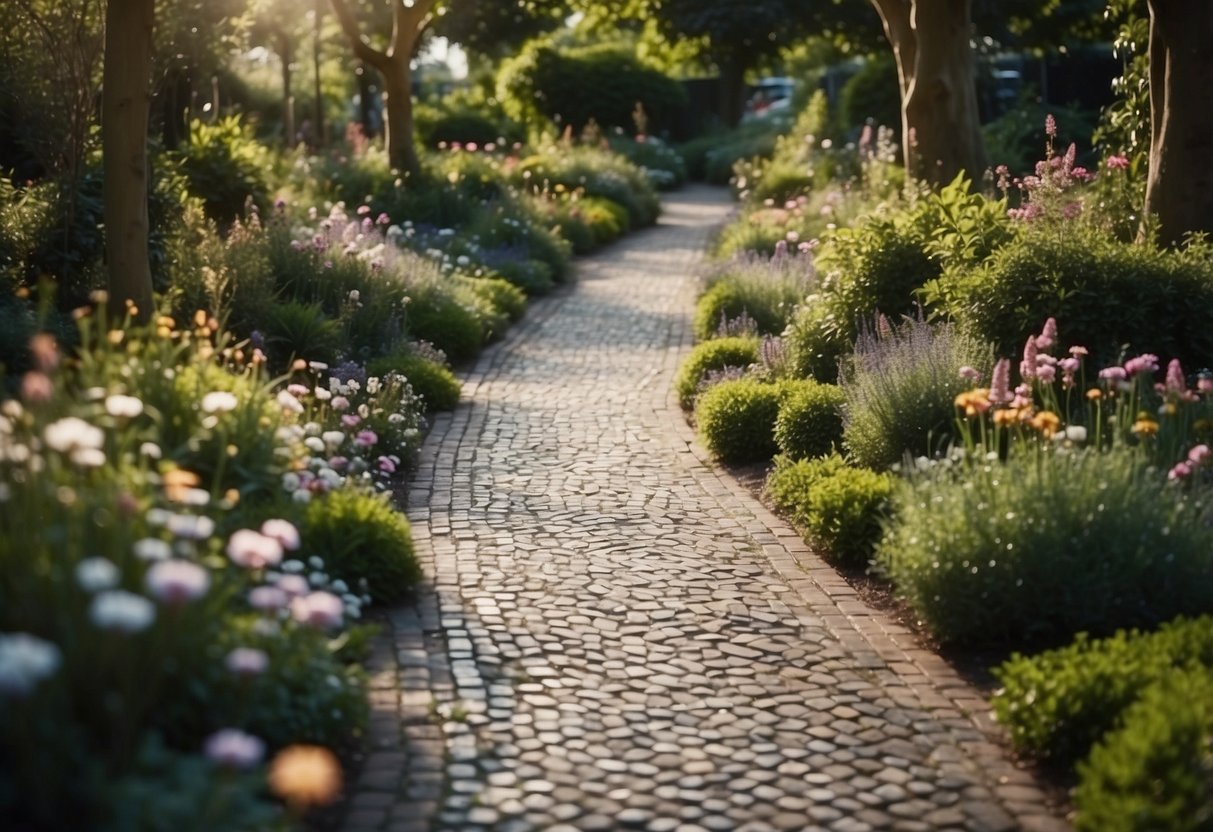 A whimsical pathway adorned with 'Alice in Wonderland' inspired tiles winds through a lush urban garden in the UK