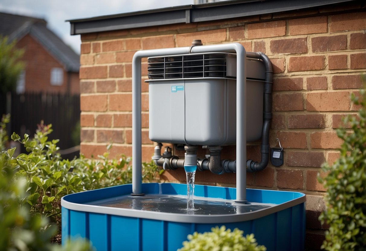 A rainwater harvesting system collects water from a rooftop and directs it into a storage tank. The setup includes a downspout diverter, filter, and pump to irrigate an urban garden in the UK